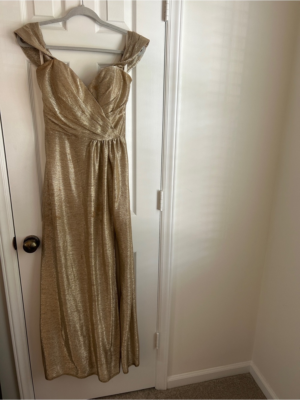 Hayley Paige Occasions Champagne Metallic Evening Dress